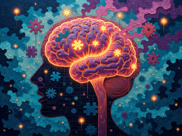 Сюрреалистичное изображение человеческого мозга с плавающими внутри пазлами, шестерёнками и лабиринтом, символизирующее различные типы мышления и адаптации в условиях стресса.
