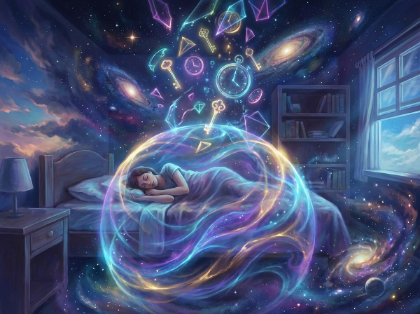 Сюрреалистичное изображение человека, спящего в светящемся коконе, с символами снов, парящими в звёздном пространстве, олицетворяющее связь сна и подсознания.