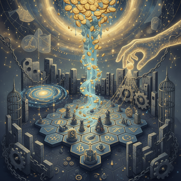 Сюрреалистическая иллюстрация, где деньги превращаются в три метафоры: текучую энергию, жёсткие ограничения и стратегическую игру, символизируя глубинные финансовые установки.