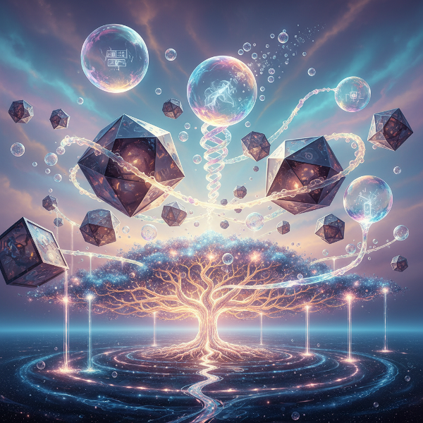 Сюрреалистичный ландшафт, где геометрические формы, нейросети и абстрактные мысли сливаются с реальностью, символизируя внутренние процессы восприятия и обработки информации.