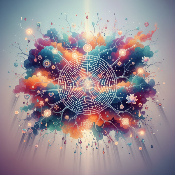 Сюрреалистическая карта разума с переплетающимися когнитивными паттернами, эмоциональными ландшафтами и абстрактными символами мышления.