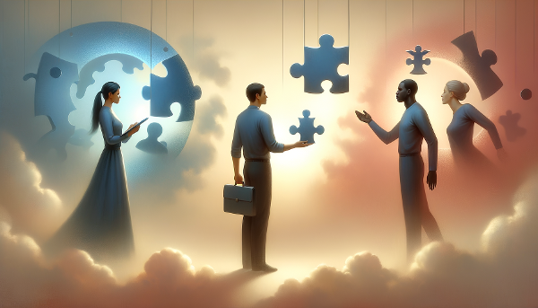 Три символические фигуры, представляющие Критика, Наблюдателя и Участника, взаимодействующие с абстрактными элементами общества в концептуальном стиле.