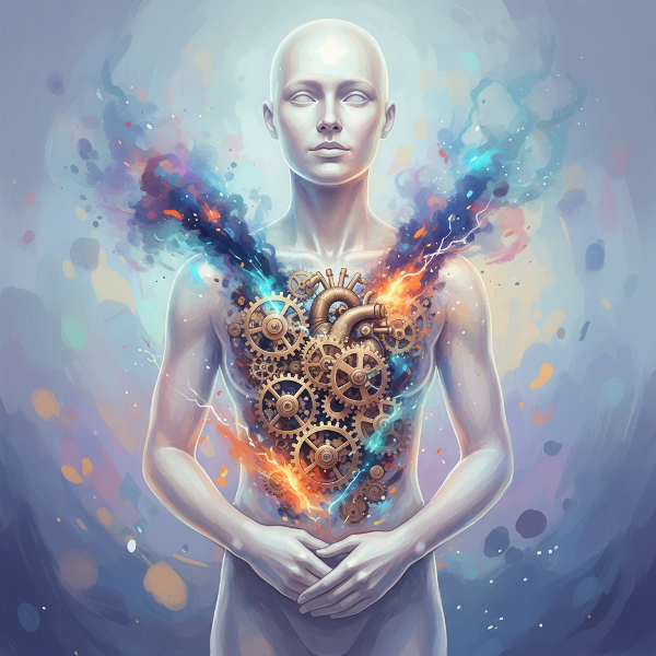 Изображение человека с прозрачным телом, внутри которого видны шестерёнки и эмоциональная буря, в то время как внешне он сохраняет спокойствие.