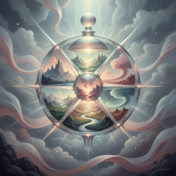 Символический прозрачный компас, парящий в туманном абстрактном ландшафте, с миниатюрными горами и реками внутри, представляющими мысли и эмоции.