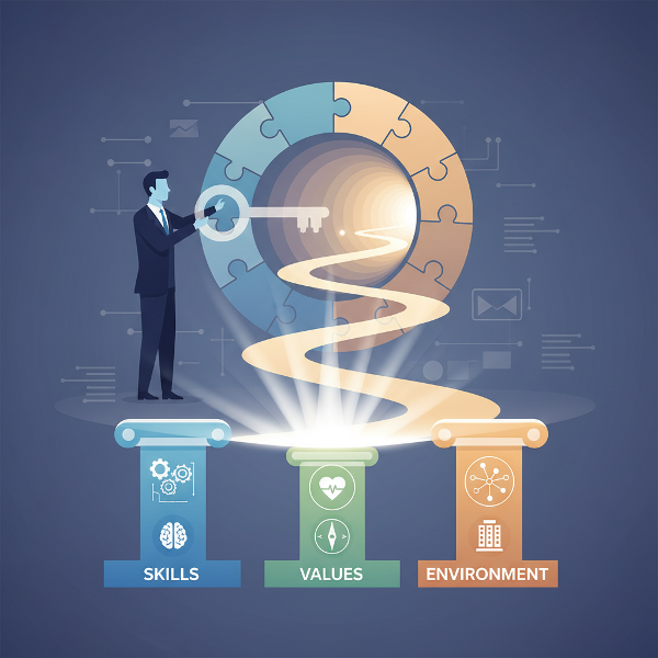 Символичное изображение человека, открывающего путь к карьере в виде светящейся головоломки. Три столпа, символизирующие навыки, ценности и среду, сливаются в гармоничный свет.