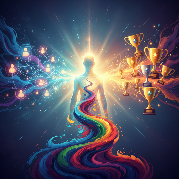 Абстрактная иллюстрация, изображающая три источника энергии в виде социальных связей, достижений и творческого потока, сливающихся в сияющий человеческий силуэт