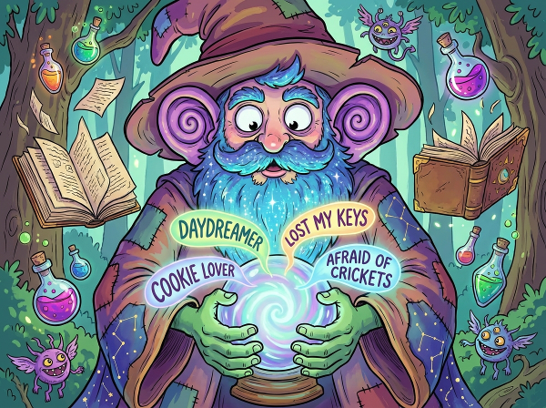 Забавный фэнтезийный персонаж с магическими атрибутами, который держит светящийся шар, раскрывающий черты характера.