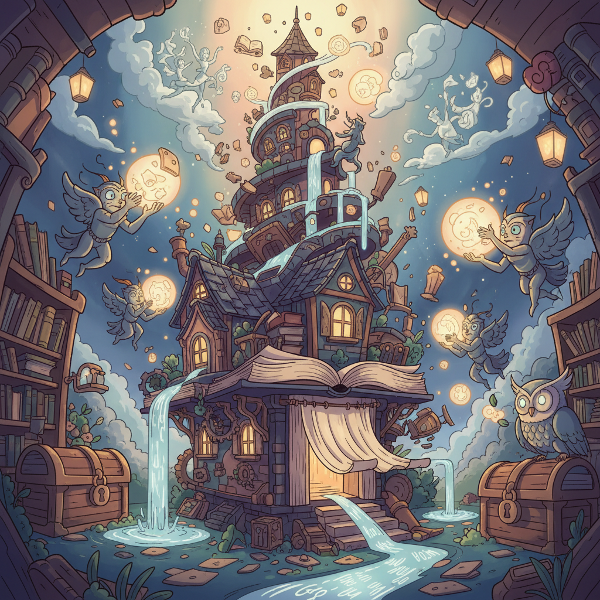 Причудливый дом воображения, где хранители идей подкармливают сюжеты и стерегут забытые истории в волшебной, мультяшной атмосфере.