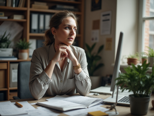 Женщина-бухгалтер в раздумьях за рабочим столом, окруженная документами, в теплом свете офиса.