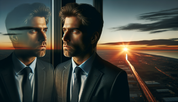 Мужчина средних лет в деловом костюме задумчиво смотрит в окно на закате, в отражении видна его неуверенность. Тонкая светящаяся дорожка ведет к восходящему солнцу, символизируя надежду и новый старт.