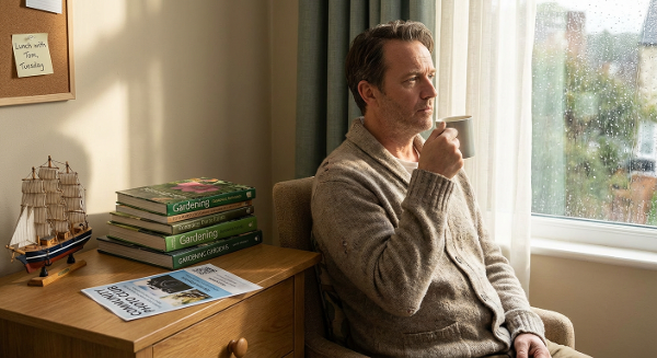 Мужчина в размышлениях у окна, символизирующий поиск новых смыслов и общения на пенсии.