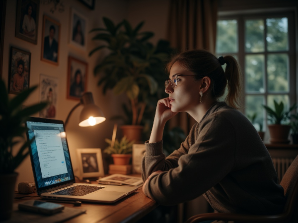 Женщина средних лет в домашнем офисе, размышляющая об одиночестве и поиске глубоких связей в цифровую эпоху.