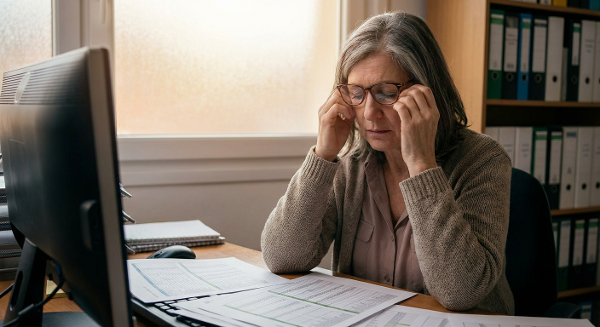Уставшая женщина-бухгалтер за рабочим столом с отчетами, испытывающая тревогу и потерю концентрации, но с проблеском надежды и мудрости.