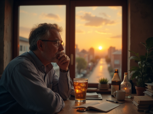 Уставший мужчина средних лет в кабинете с видом на производство, держащий бокал, смотрит на путь, ведущий к восходу солнца, символизирующему надежду и выход из порочного круга стресса и алкоголя.