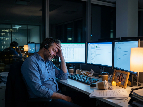 Уставший мужчина средних лет в офисе поздно вечером, испытывающий стресс и выгорание, что символизирует причину его проблем в личной жизни.