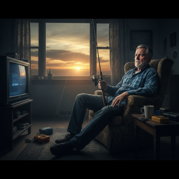 Уставший мужчина средних лет в полумраке гостиной, держит удочку, глядя в окно на рассвет. Выражение лица передаёт усталость и скрытую надежду.