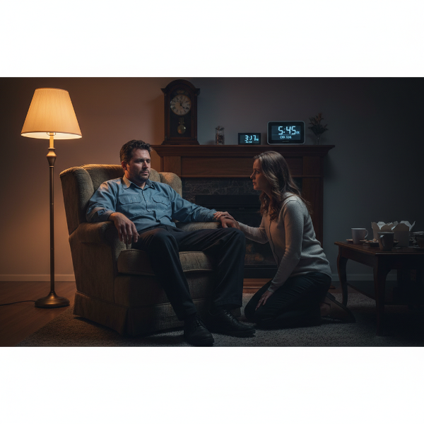 Уставший мужчина после ночной смены и его партнерша в момент несовпадения графиков, символизирующее напряжение и поиск близости.