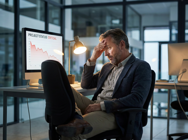 Мужчина-руководитель средних лет в офисе, размышляющий над неудачным проектом, с выражением сомнения, но с проблеском внутренней силы и надежды на восстановление.