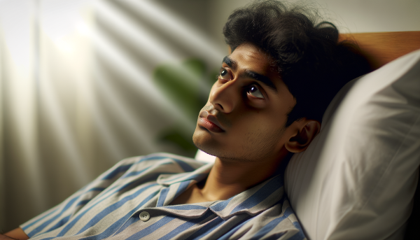 Молодой студент, лежащий в кровати и смотрящий в потолок, символизирующий усталость и потерю мотивации, с проблесками надежды в виде света из окна.