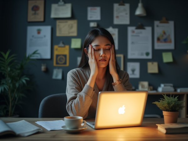 Женщина испытывает усталость и эмоциональное выгорание за рабочим столом, с символами надежды и заботы о себе.