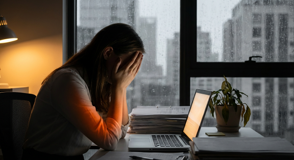 Молодая женщина испытывает усталость и выгорание за рабочим столом, но в комнату начинает проникать луч надежды.