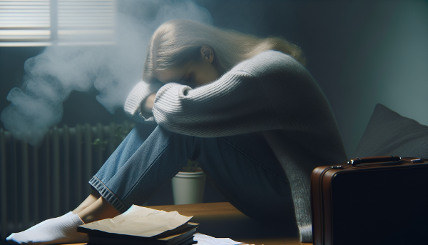 Молодая женщина, испытывающая эмоциональное выгорание, сидит в одиночестве в туманной, тусклой комнате, символизируя опустошенность и перегрузку.