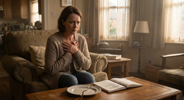 Женщина средних лет в момент эмоционального срыва дома, с символами гнева и попытками саморегуляции.