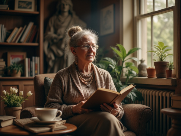 Мудрая женщина в уютной комнате размышляет о новой жизни, окруженная символами знаний и спокойствия.