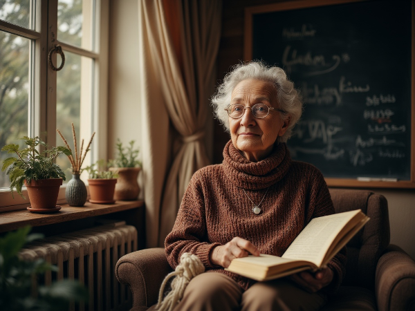 Женщина в уютной комнате размышляет о жизни, окружённая книгами и вязанием, в мягком утреннем свете.
