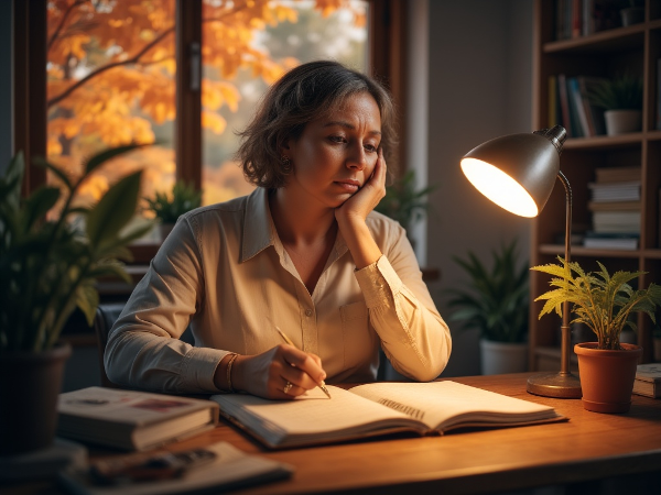 Женщина средних лет за рабочим столом в осенний вечер, с тоской глядящая на летнюю фотографию, с терапевтической лампой, символизирующей лечение сезонного расстройства.