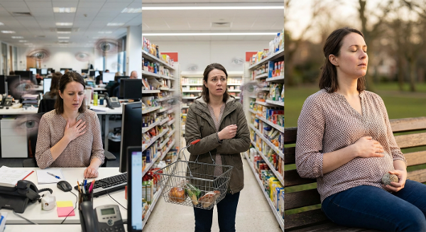 Женщина средних лет в состоянии тревоги на работе и в магазине, пытающаяся успокоиться с помощью дыхания.