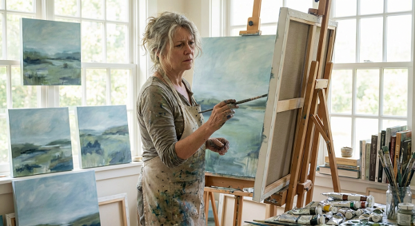 Художница в студии, задумавшаяся перед незаконченной картиной, окруженная множеством её версий, что символизирует борьбу с перфекционизмом.