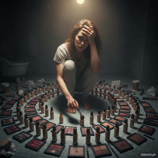 Женщина в ванной комнате вечером, окруженная разложенными косметическими средствами, выражает усталость и тревогу от навязчивого ритуала.