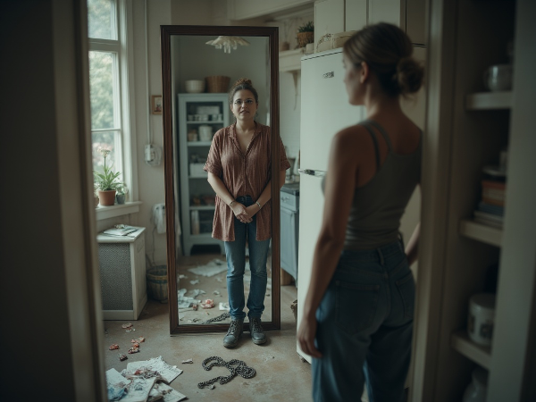 Изображение, символизирующее борьбу с булимией: переход от хаоса и стыда к осознанности и пути к выздоровлению.