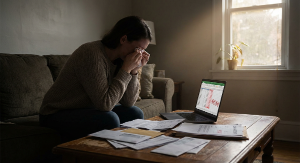 Женщина переживает предательство из-за скрытых финансовых проблем мужа, сидя в одиночестве с разбросанными документами, но с проблеском надежды.