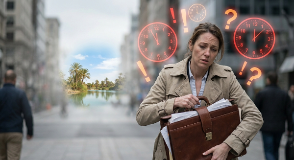 Иллюстрация эмоционального выгорания и поиска внутреннего спокойствия под нагрузкой.