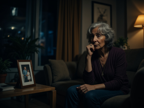 Женщина средних лет в раздумьях о предательстве в долгом браке, с семейной фотографией на столе.