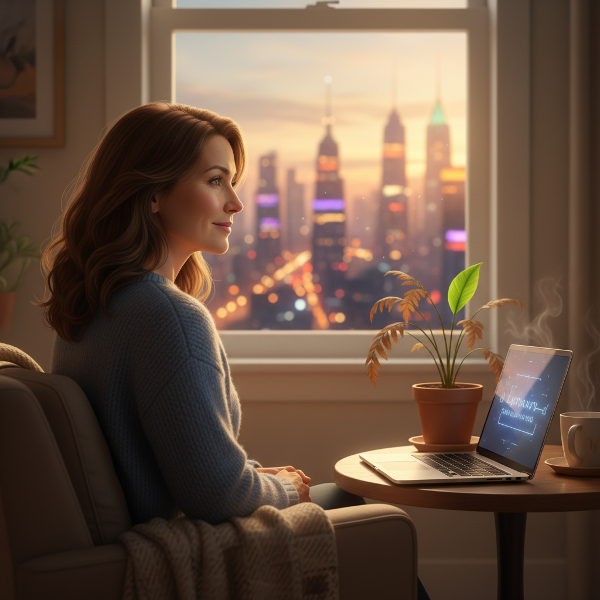 Женщина средних лет в тихой квартире, погружённая в размышления. Контраст между внутренним уединением и внешним миром, с намёком на новый рост.