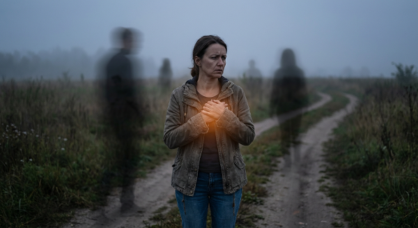 Женщина на перепутье простых жизненных выборов, окружённая сомнениями, с зарождающимся внутренним светом самосострадания.