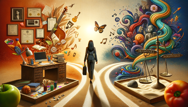 Женщина на перепутье между стабильной офисной работой и творческим потоком, использует песочную терапию для исследования внутреннего мира.