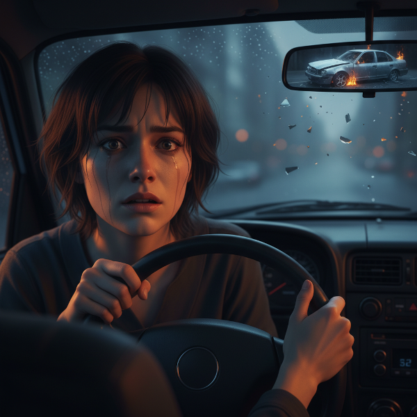 Женщина за рулём автомобиля испытывает панику, в зеркале заднего вида отражается призрачное изображение аварии.