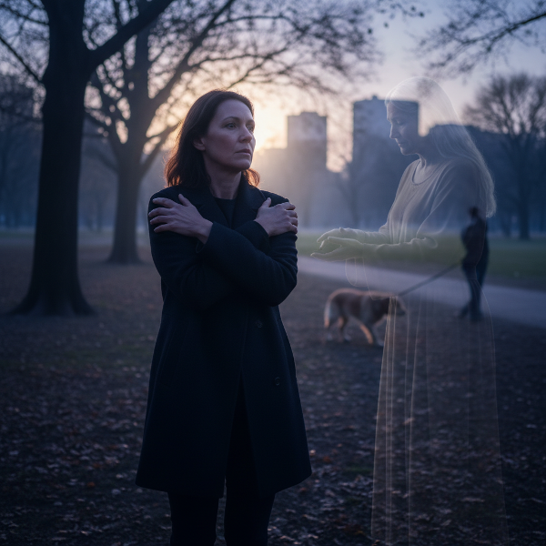 Женщина средних лет в парке на границе света и тени, её фигура накладывается на прозрачный образ матери. Она обнимает себя, выражая напряжение и стойкость. Вдали - размытая собака на поводке. Атмосфера болезненных воспоминаний, но и возможного покоя.
