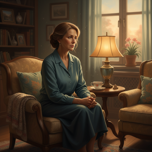 Женщина средних лет в раздумьях, символизирующая эмоциональную отстраненность и поиск утраченной близости в отношениях.