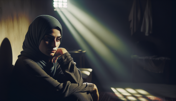 Женщина в состоянии эмоционального истощения и пустоты, с намеком на надежду в виде луча света.