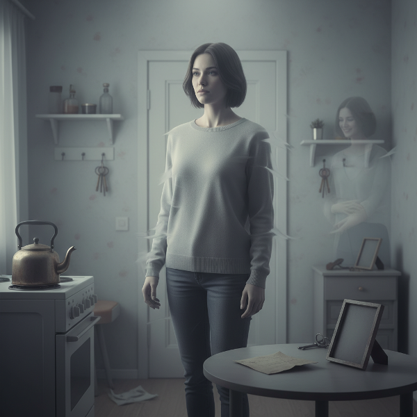 Женщина в состоянии эмоционального онемения и пустоты, живущая на автопилоте, с прозрачностью, символизирующей её отключенность от мира.