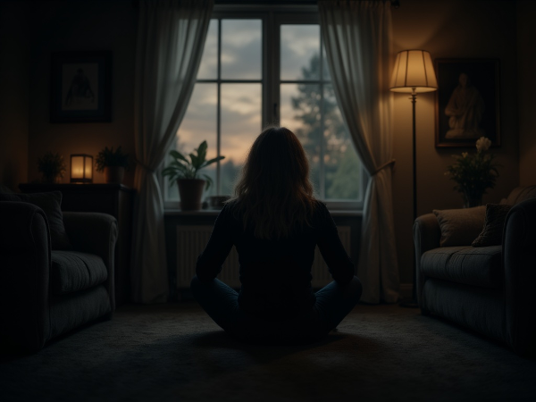 Женщина средних лет в пустой гостиной на закате, символизирующая одиночество и отчуждение в браке.