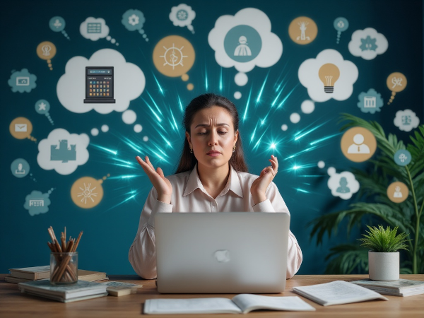 Женщина-предприниматель за ноутбуком в стрессовой ситуации, окруженная символами технических проблем, с элементами техник успокоения и осознанности.