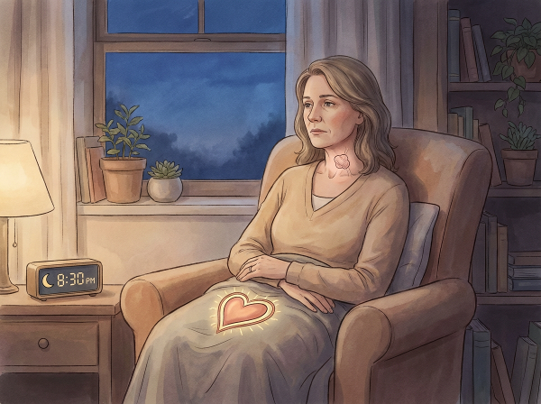 Женщина средних лет в момент вечерней тревоги, с символами сердца, кома в горле и ночного времени, в спокойной, поддерживающей атмосфере.