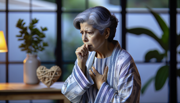 Женщина средних лет в тихой квартире вечером, испытывающая тревогу и чувство изоляции.