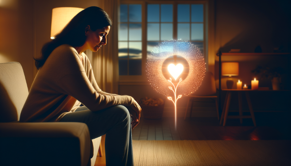 Женщина в пустой гостиной на закате, с проблеском надежды и теплого света.